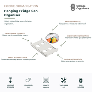 Hanging fridge can organiser designed to maximise unused under-shelf refrigerator space and keep beverage cans neatly stored and accessible. This slide-on fridge storage rack installs quickly without tools, creating additional storage beneath existing shelves while reducing clutter. Ideal for soft drink cans, sparkling water, energy drinks and canned beverages, the organiser keeps drinks visible, grouped together and easy to grab when needed. The compact under-shelf design helps optimise refrigerator capaci
