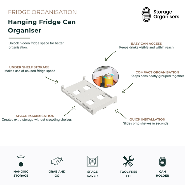 Hanging fridge can organiser designed to maximise unused under-shelf refrigerator space and keep beverage cans neatly stored and accessible. This slide-on fridge storage rack installs quickly without tools, creating additional storage beneath existing shelves while reducing clutter. Ideal for soft drink cans, sparkling water, energy drinks and canned beverages, the organiser keeps drinks visible, grouped together and easy to grab when needed. The compact under-shelf design helps optimise refrigerator capaci