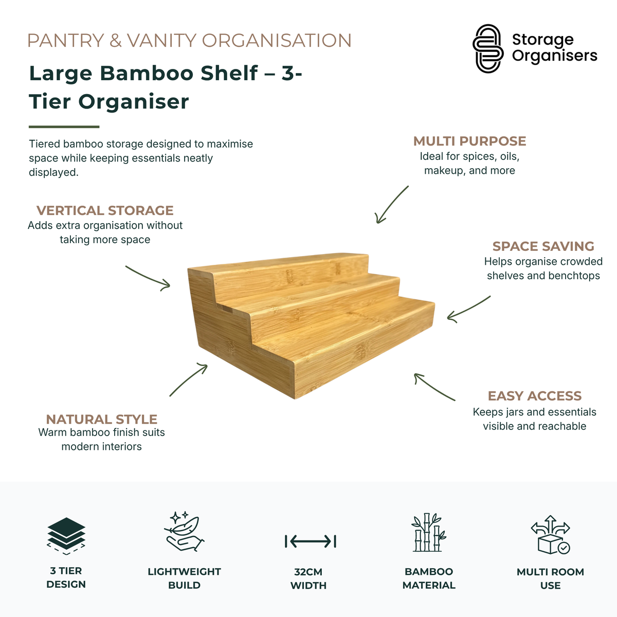 large 3-tier bamboo shelf organiser for pantry, vanity, and kitchen storage with tiered display for jars, spices, oils, and cosmetics