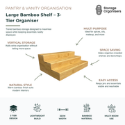large 3-tier bamboo shelf organiser for pantry, vanity, and kitchen storage with tiered display for jars, spices, oils, and cosmetics