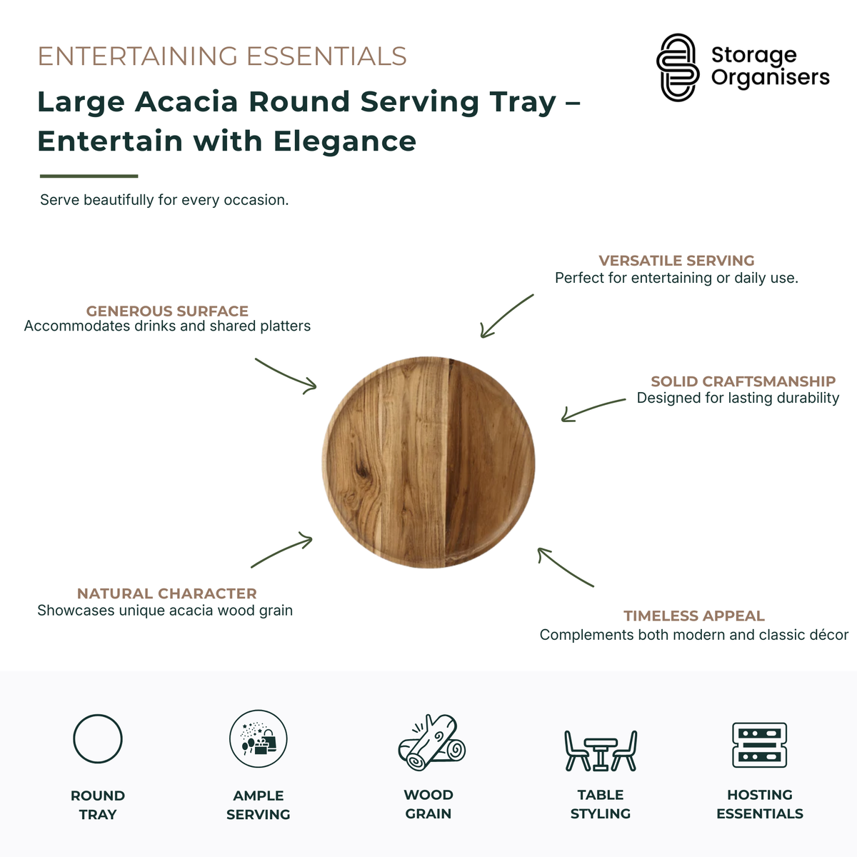 Large round acacia wood serving tray featuring natural timber grain and durable craftsmanship for entertaining and everyday use. Spacious wooden serving platter provides ample room for drinks, snacks, charcuterie boards and shared platters while adding warmth and elegance to dining tables, kitchen benches and coffee tables. Versatile acacia serving tray designed for stylish hosting, food presentation and decorative home styling.