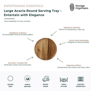 Large round acacia wood serving tray featuring natural timber grain and durable craftsmanship for entertaining and everyday use. Spacious wooden serving platter provides ample room for drinks, snacks, charcuterie boards and shared platters while adding warmth and elegance to dining tables, kitchen benches and coffee tables. Versatile acacia serving tray designed for stylish hosting, food presentation and decorative home styling.