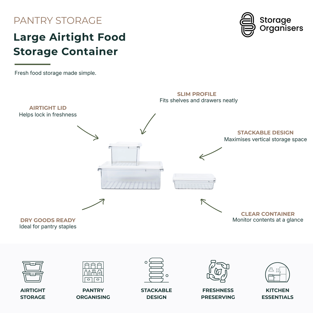 Large airtight food storage container with secure locking lid for pantry and kitchen organisation. Clear stackable food container designed to keep dry goods, cereals, pasta, rice, flour, baking ingredients, and pantry staples fresh for longer. Slim-profile storage solution maximises shelf and drawer space while providing easy visibility of contents and efficient pantry organisation.