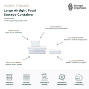 Large airtight food storage container with secure locking lid for pantry and kitchen organisation. Clear stackable food container designed to keep dry goods, cereals, pasta, rice, flour, baking ingredients, and pantry staples fresh for longer. Slim-profile storage solution maximises shelf and drawer space while providing easy visibility of contents and efficient pantry organisation.