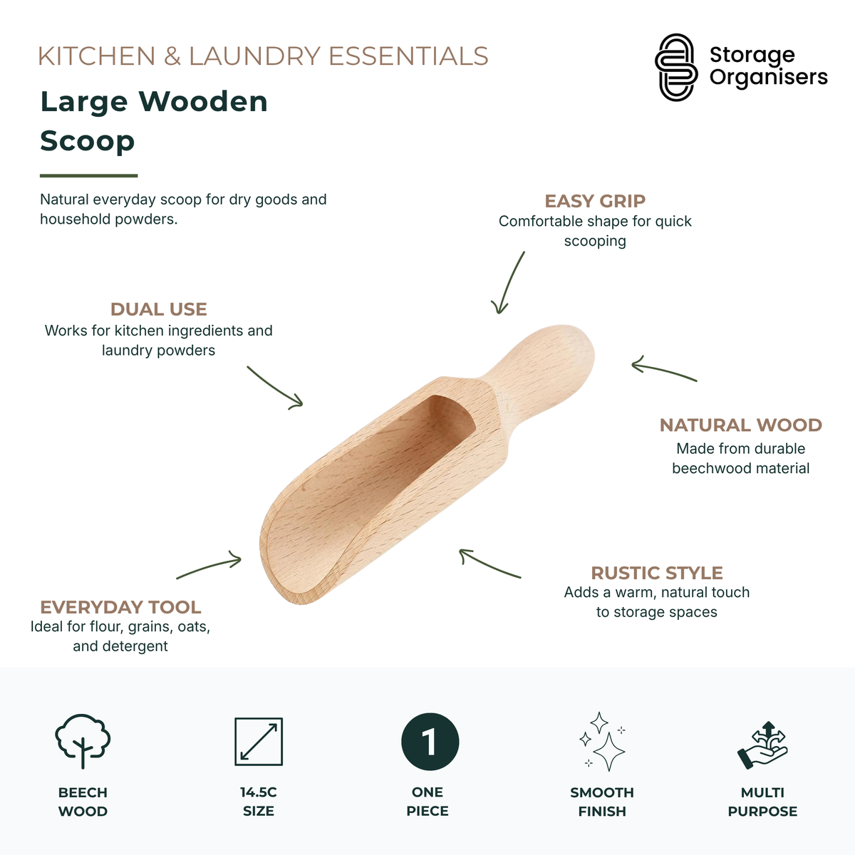 large wooden scoop made from durable beechwood for kitchen pantry storage, flour, grains, oats, and laundry detergent