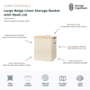 Large beige linen storage basket with breathable mesh lid, designed for organising laundry, blankets, towels, clothing, toys, and household essentials. The collapsible fabric storage basket features a neutral linen finish that complements modern home interiors, while the mesh cover promotes airflow and helps protect contents from dust. Large-capacity foldable storage solution ideal for bedrooms, laundries, wardrobes, nurseries, and living spaces.