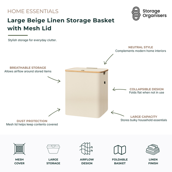 Large beige linen storage basket with breathable mesh lid, designed for organising laundry, blankets, towels, clothing, toys, and household essentials. The collapsible fabric storage basket features a neutral linen finish that complements modern home interiors, while the mesh cover promotes airflow and helps protect contents from dust. Large-capacity foldable storage solution ideal for bedrooms, laundries, wardrobes, nurseries, and living spaces.