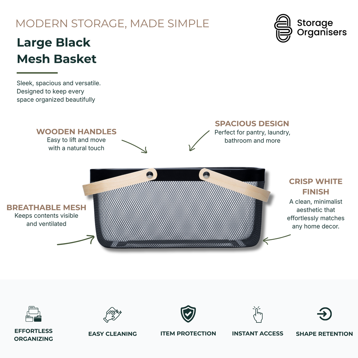 large black mesh storage basket with wooden handles for pantry, laundry, bathroom, and home organisation