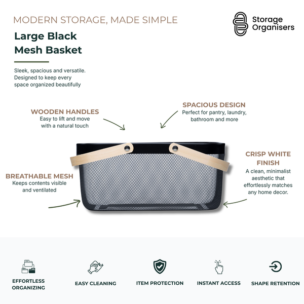 large black mesh storage basket with wooden handles for pantry, laundry, bathroom, and home organisation