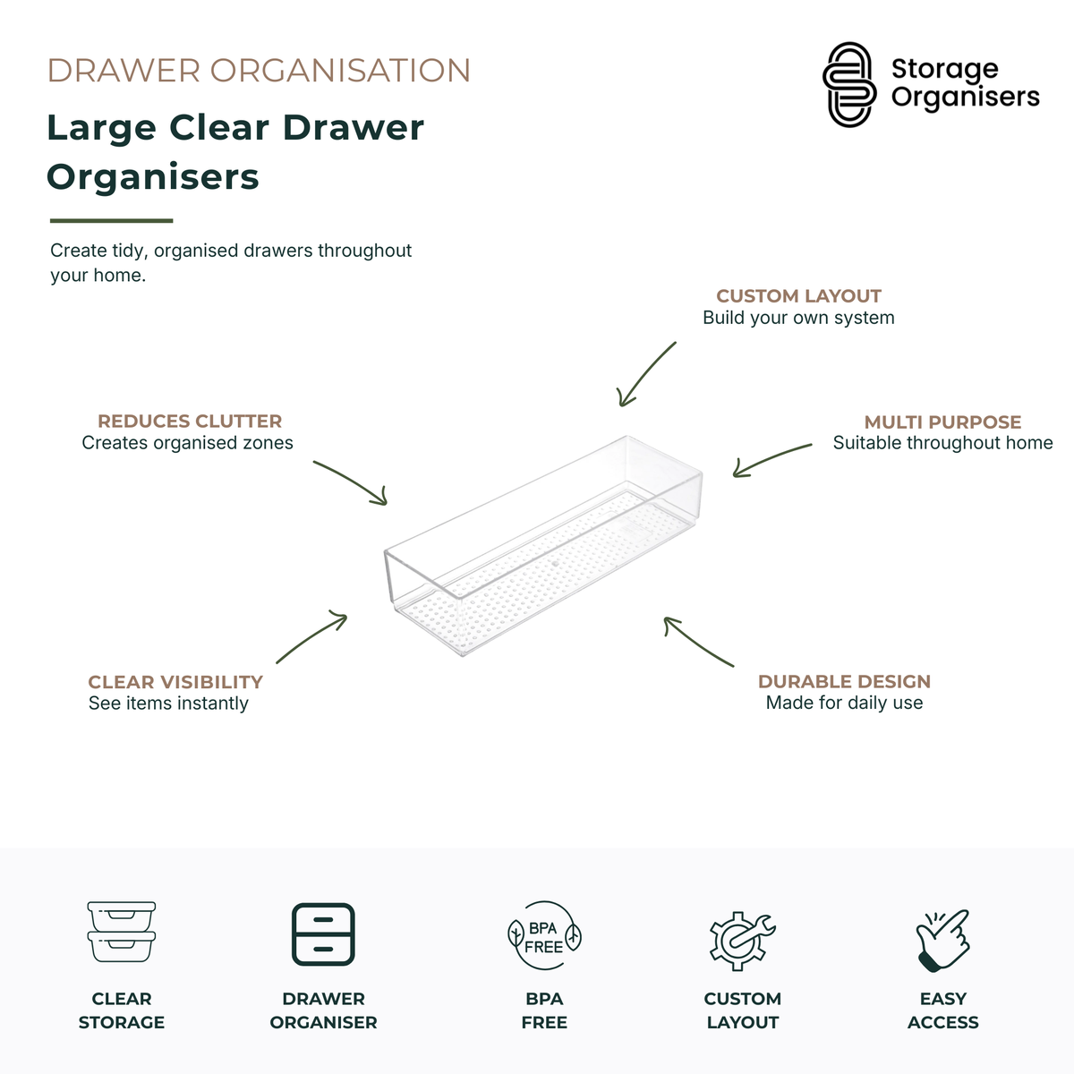 Large clear drawer organiser tray designed to maximise storage space and create tidy, organised drawers throughout the home. Features a transparent BPA-free design for instant visibility, durable construction for everyday use, and a customisable layout that helps reduce clutter and create organised storage zones. Ideal for organising kitchen utensils, cutlery, pantry items, office supplies, bathroom essentials, makeup, clothing accessories, and household items while keeping drawers neat and easy to access.