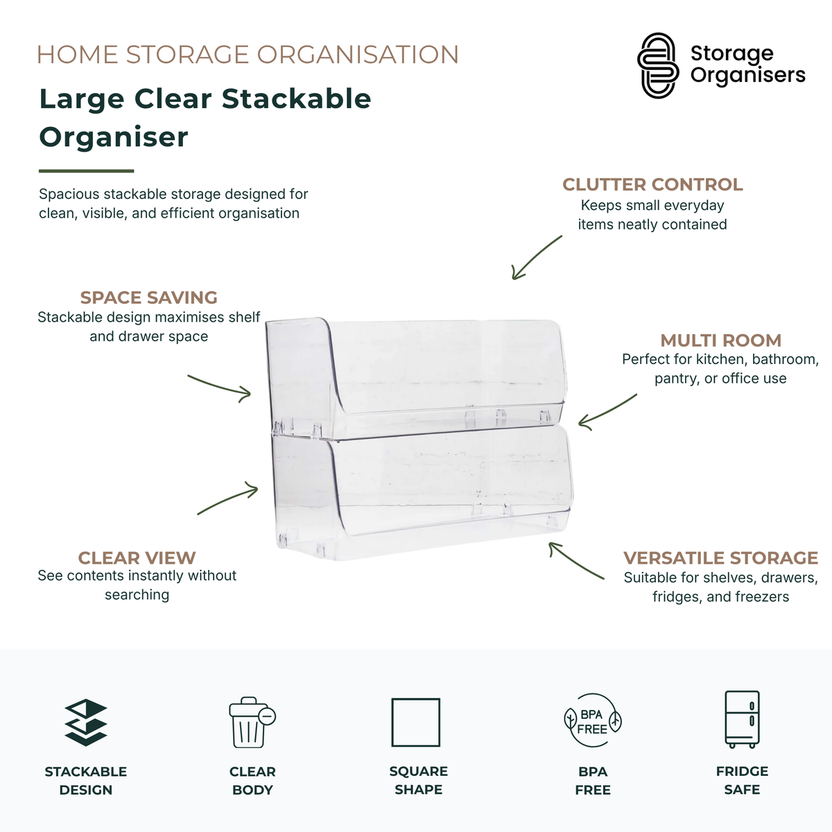 large clear stackable organiser bin for pantry, fridge, bathroom, and drawer storage with BPA-free transparent design