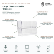 large clear stackable organiser bin for pantry, fridge, bathroom, and drawer storage with BPA-free transparent design