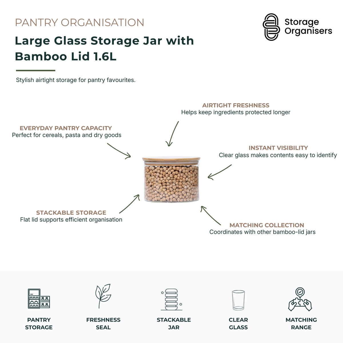 Large 1.6L glass storage jar with airtight bamboo lid designed for stylish and practical pantry organisation. The clear glass body provides instant visibility of contents, making it easy to identify cereals, pasta, rice, grains, snacks and other dry goods at a glance. Featuring an airtight freshness seal, this pantry storage container helps keep ingredients fresher for longer while protecting them from moisture and contaminants. The flat bamboo lid supports stackable storage for efficient use of pantry shel