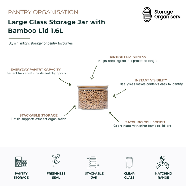Large 1.6L glass storage jar with airtight bamboo lid designed for stylish and practical pantry organisation. The clear glass body provides instant visibility of contents, making it easy to identify cereals, pasta, rice, grains, snacks and other dry goods at a glance. Featuring an airtight freshness seal, this pantry storage container helps keep ingredients fresher for longer while protecting them from moisture and contaminants. The flat bamboo lid supports stackable storage for efficient use of pantry shel