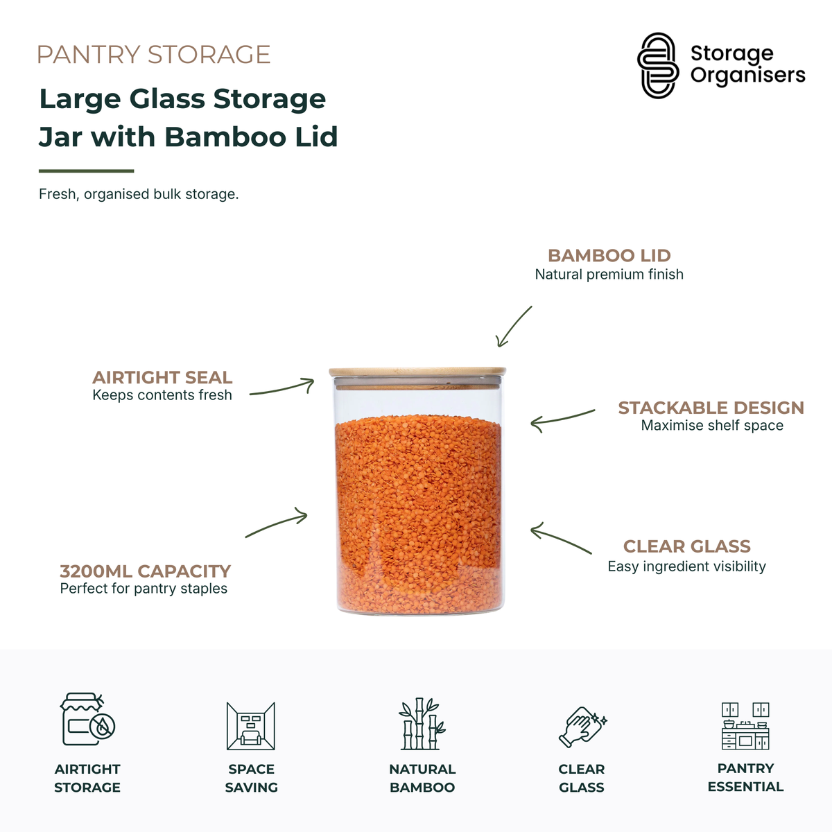 Large 3.2L glass storage jar with airtight bamboo lid, designed for bulk pantry storage of grains, pasta, cereals, and dry foods while maximising shelf space and keeping contents fresh.
