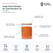 Large 3.2L glass storage jar with airtight bamboo lid, designed for bulk pantry storage of grains, pasta, cereals, and dry foods while maximising shelf space and keeping contents fresh.