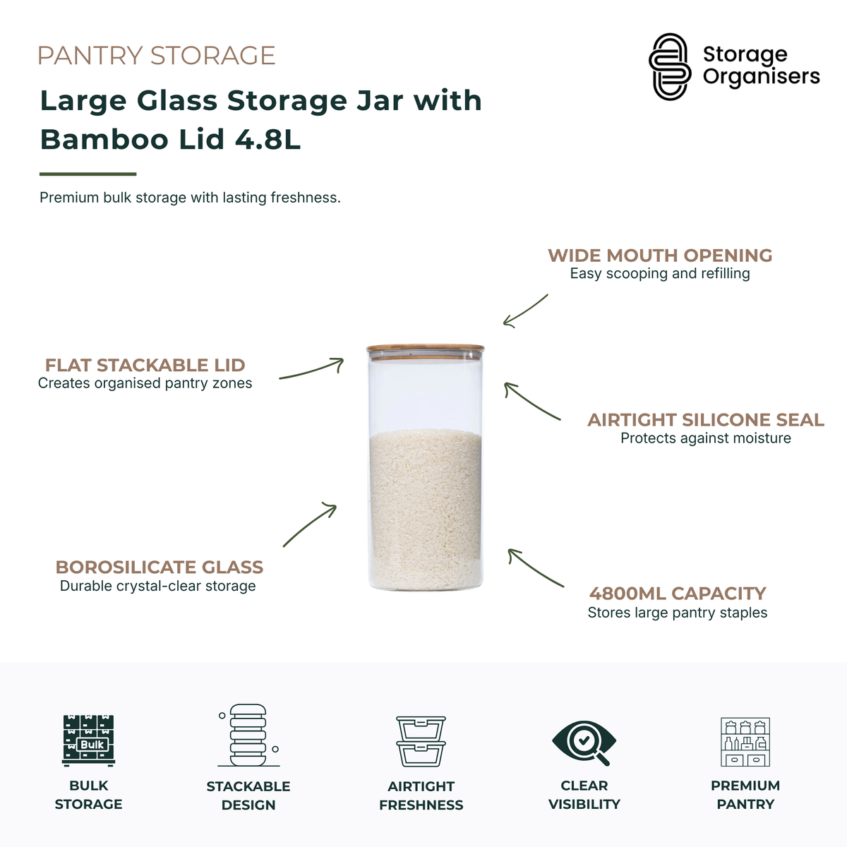 Large 4.8L glass storage jar with bamboo lid and airtight silicone seal for bulk pantry storage. Made from durable borosilicate glass with a wide-mouth opening for easy scooping and refilling. Ideal for storing rice, flour, pasta, cereals, grains, and other pantry staples while maintaining freshness and maximising kitchen organisation.