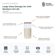Large 4.8L glass storage jar with bamboo lid and airtight silicone seal for bulk pantry storage. Made from durable borosilicate glass with a wide-mouth opening for easy scooping and refilling. Ideal for storing rice, flour, pasta, cereals, grains, and other pantry staples while maintaining freshness and maximising kitchen organisation.