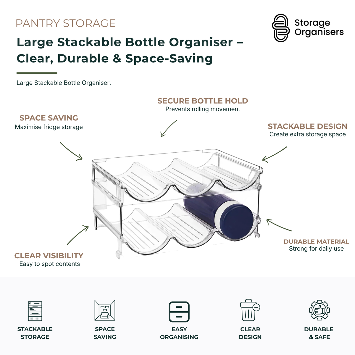 Large stackable bottle organiser with clear durable construction, secure bottle holders, and space-saving design for organising water bottles, drink containers, and pantry items in fridges, cupboards, and kitchen storage areas.