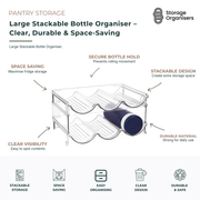 Large stackable bottle organiser with clear durable construction, secure bottle holders, and space-saving design for organising water bottles, drink containers, and pantry items in fridges, cupboards, and kitchen storage areas.