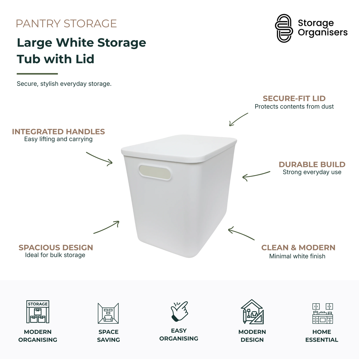Large white storage tub with secure-fit lid and integrated handles, designed for bulk pantry storage, household organisation, dust protection, and modern minimalist home storage.