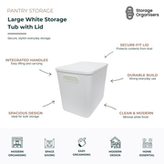 Large white storage tub with secure-fit lid and integrated handles, designed for bulk pantry storage, household organisation, dust protection, and modern minimalist home storage.