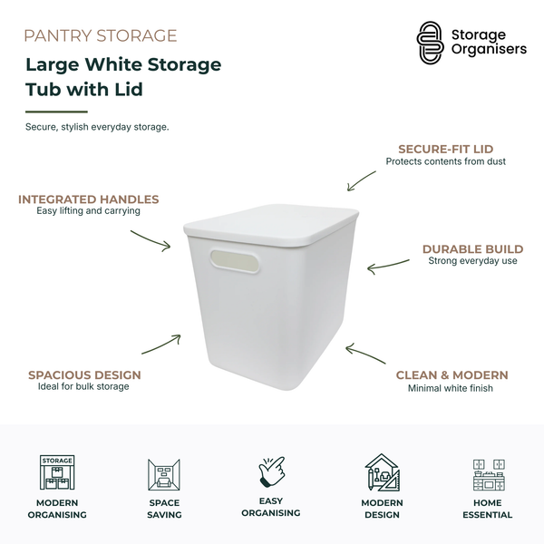Large white storage tub with secure-fit lid and integrated handles, designed for bulk pantry storage, household organisation, dust protection, and modern minimalist home storage.