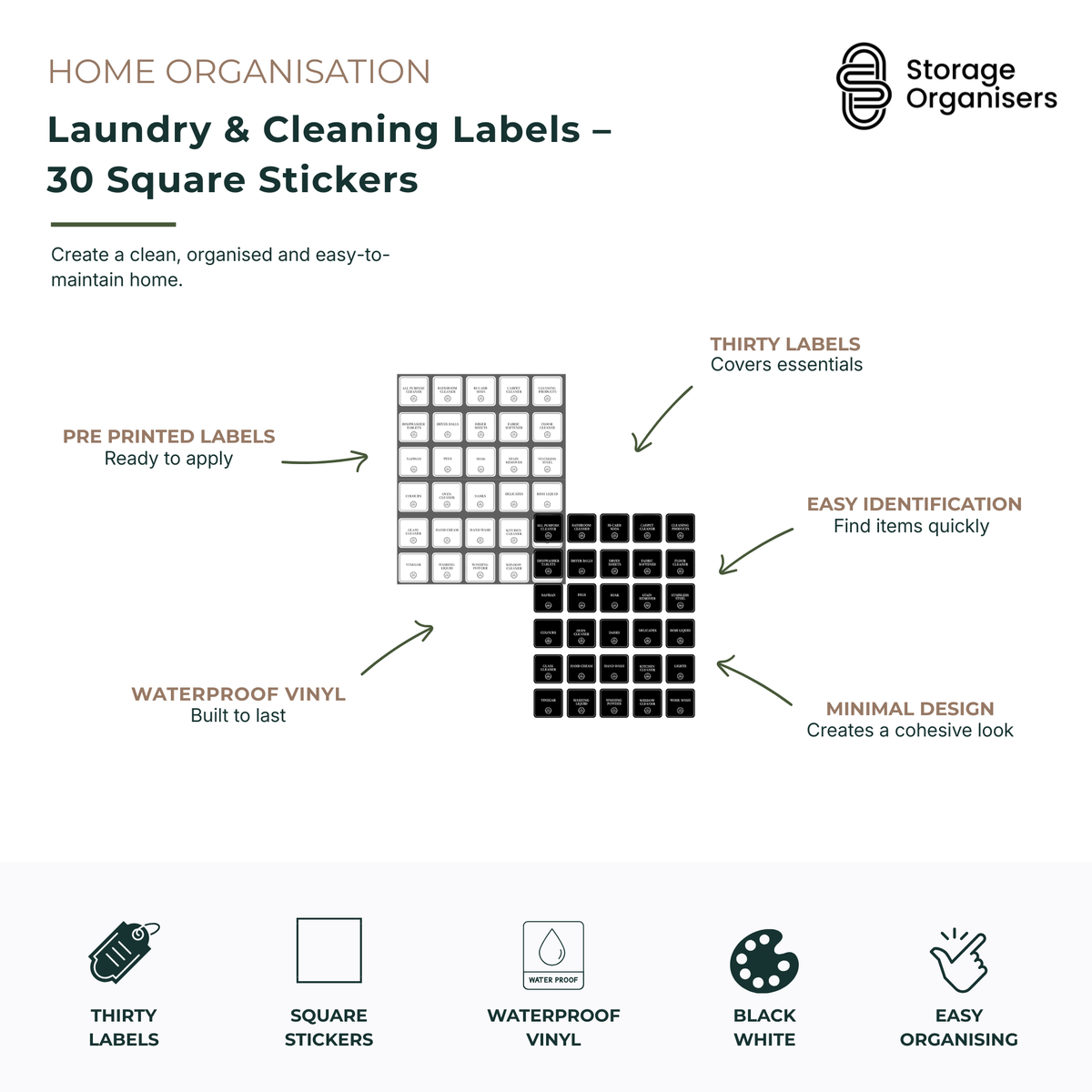 Pack of 30 laundry and cleaning labels featuring pre-printed square waterproof vinyl stickers designed to organise household cleaning and laundry products. Features durable waterproof construction, easy-to-read text for quick identification, minimalist black and white designs, and ready-to-apply labels for a cohesive and organised home. Ideal for labelling detergent containers, stain removers, fabric softeners, cleaning sprays, household products, and laundry storage jars.