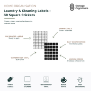 Pack of 30 laundry and cleaning labels featuring pre-printed square waterproof vinyl stickers designed to organise household cleaning and laundry products. Features durable waterproof construction, easy-to-read text for quick identification, minimalist black and white designs, and ready-to-apply labels for a cohesive and organised home. Ideal for labelling detergent containers, stain removers, fabric softeners, cleaning sprays, household products, and laundry storage jars.