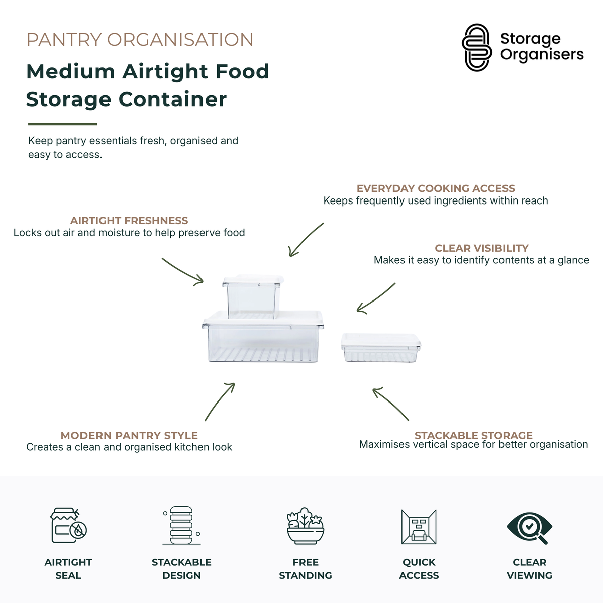 Medium airtight food storage container designed to keep pantry essentials fresh, organised and easy to access. Featuring a secure airtight seal that helps lock out air and moisture, this container supports longer-lasting food storage while maintaining freshness. The clear body provides instant visibility of contents, making it easy to identify ingredients at a glance, while the stackable design maximises vertical shelf space for efficient pantry and kitchen organisation. Ideal for storing dry foods, baking 
