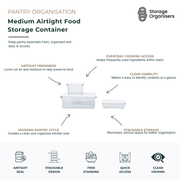 Medium airtight food storage container designed to keep pantry essentials fresh, organised and easy to access. Featuring a secure airtight seal that helps lock out air and moisture, this container supports longer-lasting food storage while maintaining freshness. The clear body provides instant visibility of contents, making it easy to identify ingredients at a glance, while the stackable design maximises vertical shelf space for efficient pantry and kitchen organisation. Ideal for storing dry foods, baking 