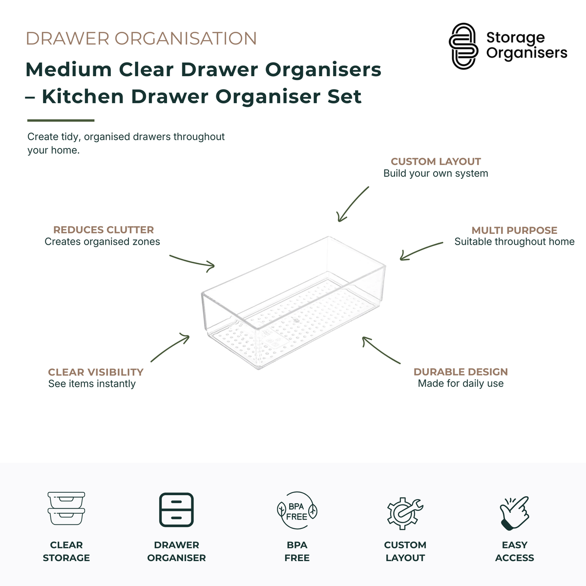 Medium clear drawer organiser tray designed to create tidy, organised storage throughout the home. Features a transparent BPA-free design for instant visibility, durable construction for everyday use, and a customisable layout that helps reduce drawer clutter and create dedicated storage zones. Ideal for organising kitchen utensils, cutlery, pantry items, office supplies, bathroom essentials, makeup, and household accessories while maintaining neat and easily accessible drawers.
