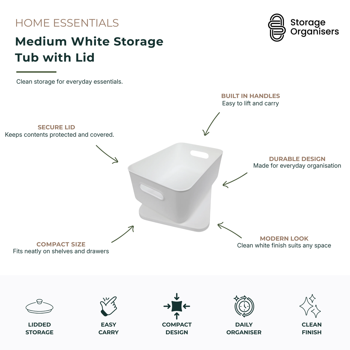 Medium white storage tub with lid featuring built-in carry handles for organised home storage. Durable plastic storage bin with a secure lid helps keep household essentials, pantry items, toys, office supplies, and bathroom accessories protected, tidy, and dust-free. Compact design fits neatly on shelves, in cupboards, drawers, and storage cabinets while maintaining a clean modern look.