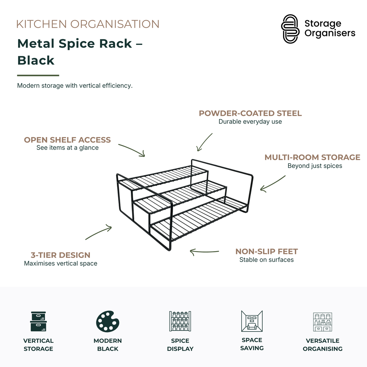 Black metal spice rack with three-tier design, powder-coated steel construction, and open shelf access. Ideal for organising spice jars, condiments, and pantry essentials while maximising vertical storage space on kitchen benchtops and cupboards.