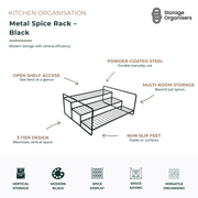 Black metal spice rack with three-tier design, powder-coated steel construction, and open shelf access. Ideal for organising spice jars, condiments, and pantry essentials while maximising vertical storage space on kitchen benchtops and cupboards.
