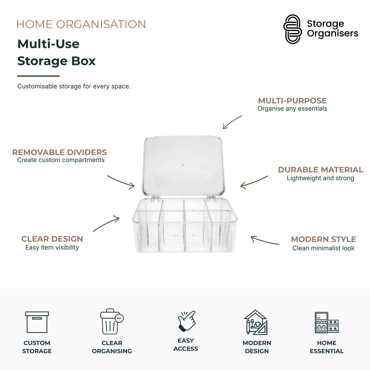 Clear multi-use storage box with removable dividers and hinged lid, designed for custom compartment organisation, easy visibility, and versatile storage of household essentials, craft supplies, office items, and accessories