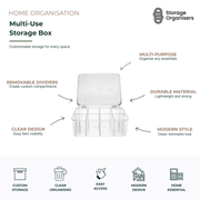 Clear multi-use storage box with removable dividers and hinged lid, designed for custom compartment organisation, easy visibility, and versatile storage of household essentials, craft supplies, office items, and accessories