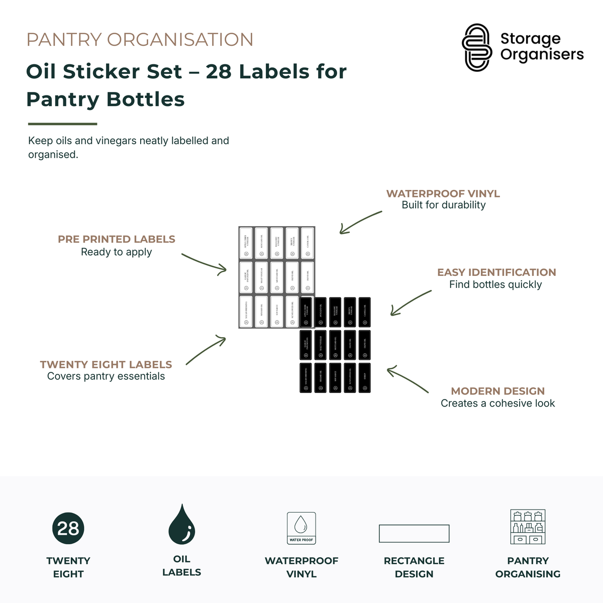 Pack of 28 oil bottle labels made from durable waterproof vinyl, designed to keep oils, vinegars, and liquid condiments neatly labelled and organised. Features pre-printed labels for quick application, easy identification of pantry bottles, modern black and white designs for a cohesive kitchen aesthetic, and long-lasting waterproof construction. Ideal for labelling olive oil, vegetable oil, avocado oil, vinegar, dressings, infused oils, and other pantry essentials for a tidy and organised kitchen.