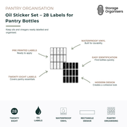 Pack of 28 oil bottle labels made from durable waterproof vinyl, designed to keep oils, vinegars, and liquid condiments neatly labelled and organised. Features pre-printed labels for quick application, easy identification of pantry bottles, modern black and white designs for a cohesive kitchen aesthetic, and long-lasting waterproof construction. Ideal for labelling olive oil, vegetable oil, avocado oil, vinegar, dressings, infused oils, and other pantry essentials for a tidy and organised kitchen.