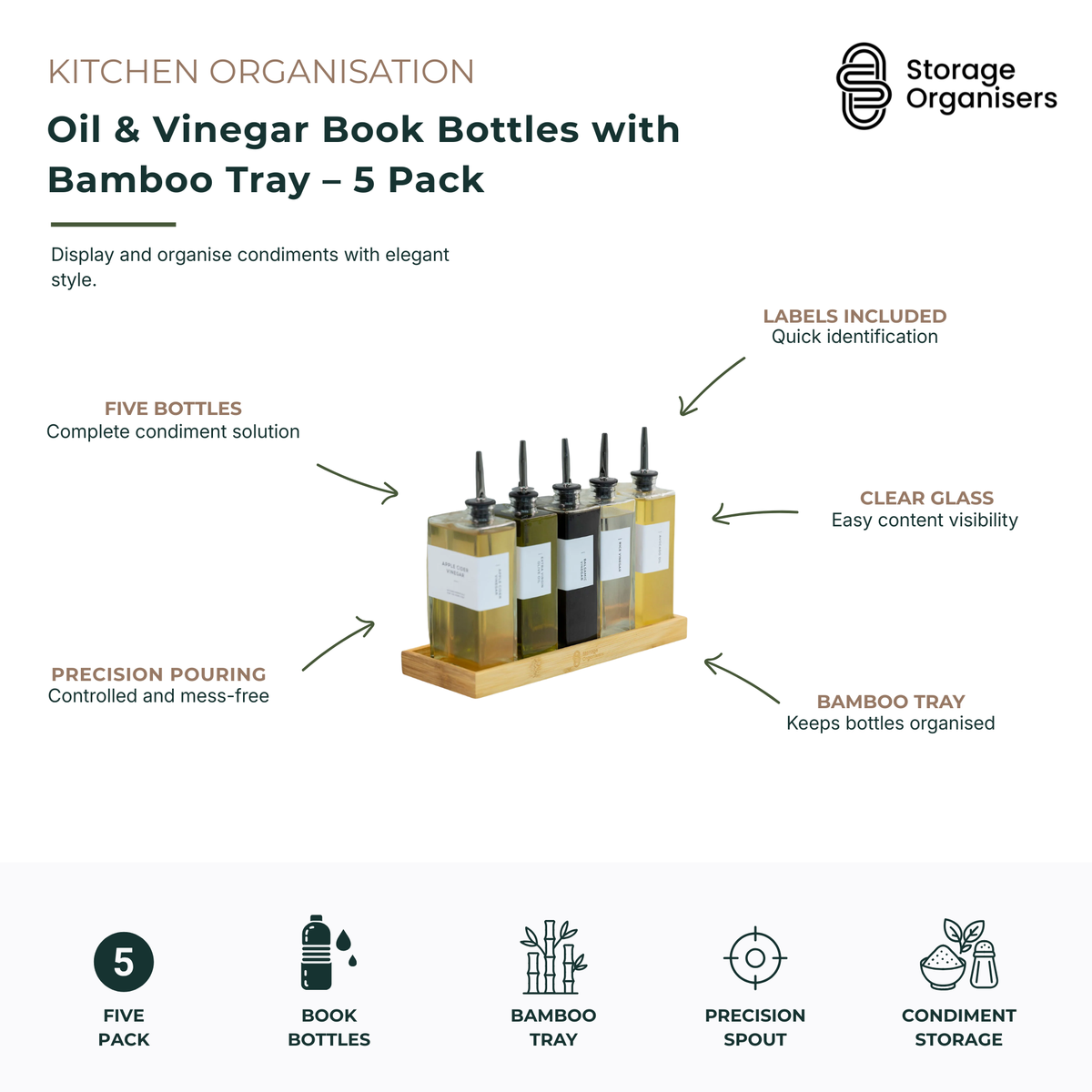 5-piece oil and vinegar book bottle set with bamboo tray, designed to store and display oils, vinegars, and condiments in a stylish and organised way. Features slim book-shaped glass bottles with precision pouring spouts for controlled dispensing, clear glass construction for easy content visibility, included labels for quick identification, and a natural bamboo tray to keep bottles neatly organised. Ideal for storing olive oil, vinegar, dressings, infused oils, and liquid condiments while enhancing kitchen
