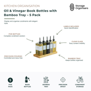 5-piece oil and vinegar book bottle set with bamboo tray, designed to store and display oils, vinegars, and condiments in a stylish and organised way. Features slim book-shaped glass bottles with precision pouring spouts for controlled dispensing, clear glass construction for easy content visibility, included labels for quick identification, and a natural bamboo tray to keep bottles neatly organised. Ideal for storing olive oil, vinegar, dressings, infused oils, and liquid condiments while enhancing kitchen