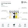 Oil and vinegar bottle set with five clear glass dispensing bottles, gold pour spouts, waterproof labels, and acrylic tray for organised kitchen storage, countertop display, and easy condiment dispensing.