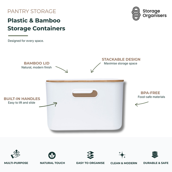 plastic and bamboo storage container with lid and built-in handles for pantry, kitchen, bathroom, and home organisation
