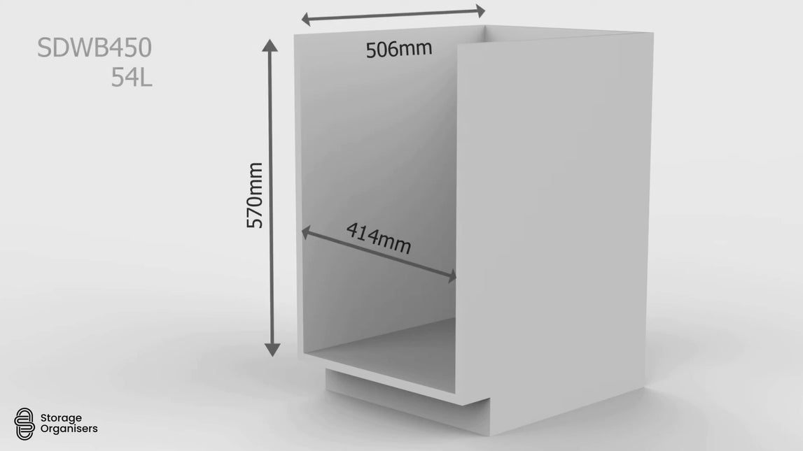 Dimensions of Pull-Out Kitchen Bin – 350mm Cabinet (2 × 18L) shown with height, width, and depth in storage organisers design