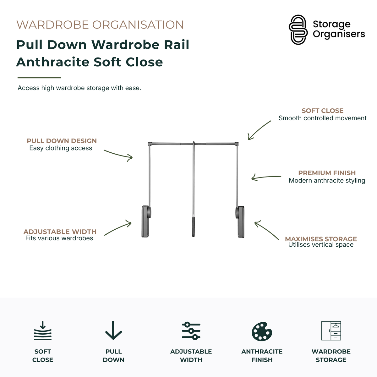 Anthracite pull down wardrobe rail with soft close mechanism, designed to improve access to high wardrobe storage areas. Features adjustable width to fit a variety of wardrobe sizes, smooth controlled pull-down operation, premium anthracite finish, and space-saving design that maximises vertical wardrobe storage. Ideal for organising hanging clothes while making upper wardrobe sections easier to reach and use.