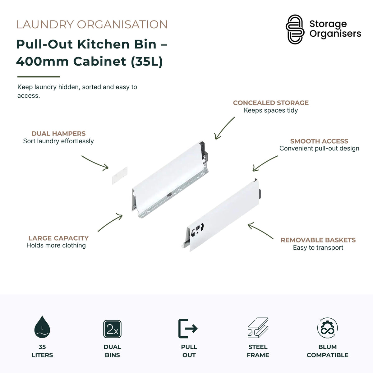 Pull-Out Kitchen Bin – 400mm Cabinet (35L)