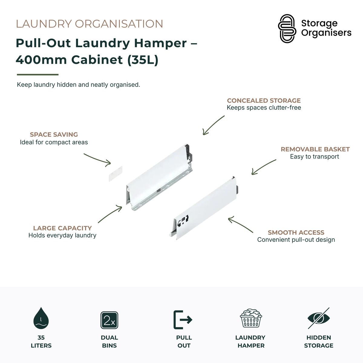 35L pull-out laundry hamper designed for 400mm cabinets, providing concealed laundry storage and easy access to everyday washing. Features a space-saving design for compact laundry areas, smooth pull-out operation, removable basket for convenient transport, and hidden cabinet storage to maintain a clean and clutter-free laundry room. Ideal for storing dirty clothes, maximising laundry organisation, and creating a streamlined built-in storage solution.