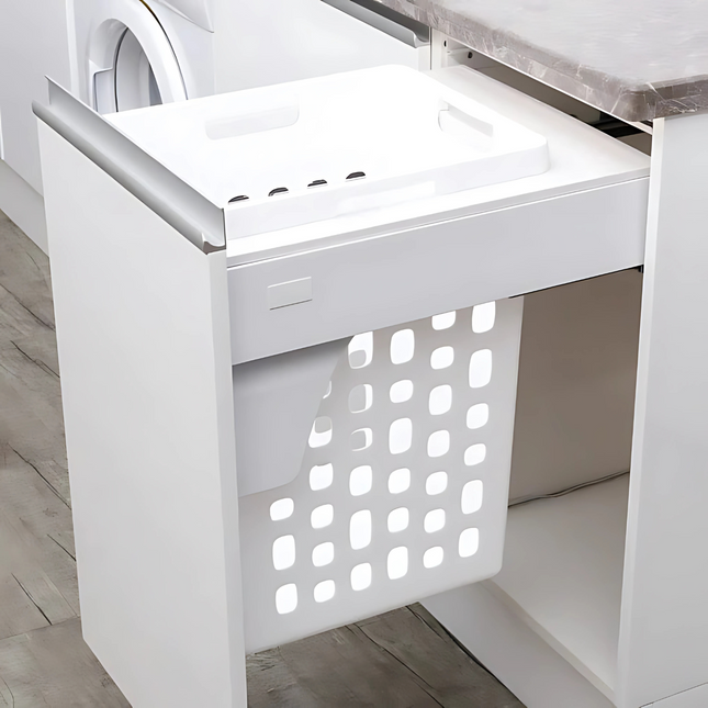 Pull-Out Laundry Hamper – 450mm Cabinet (48L Basket) in a laundry room for efficient under sink storage and organisation.