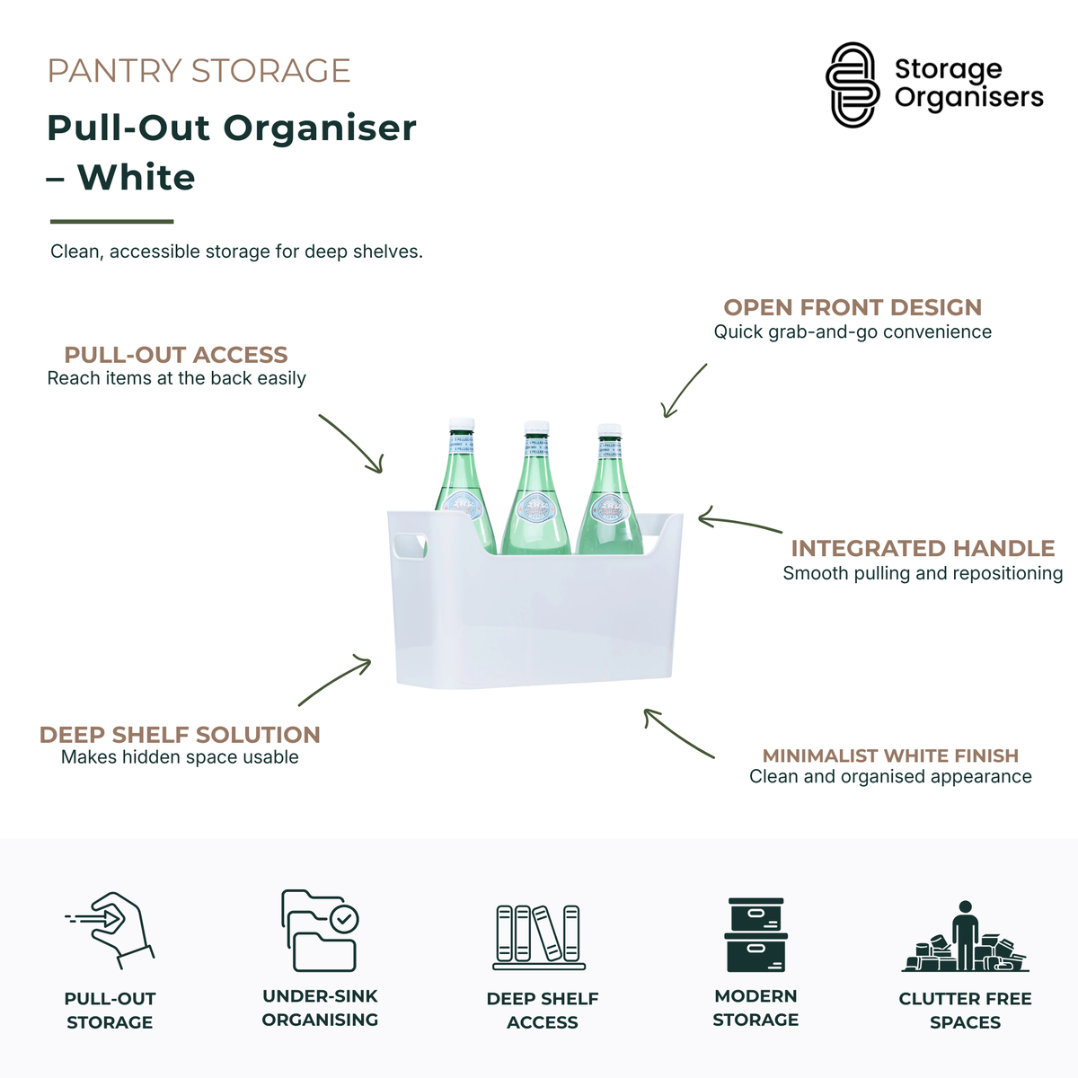 White pull-out organiser storage bin with integrated handles for pantry, cupboard, under-sink, and deep shelf organisation. Open-front storage basket provides easy grab-and-go access to bottles, cleaning supplies, snacks, pantry staples, and household essentials. Minimalist white design helps maximise deep storage spaces while keeping shelves neat, accessible, and clutter-free.