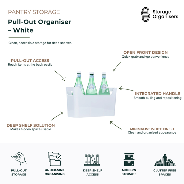 White pull-out organiser storage bin with integrated handles for pantry, cupboard, under-sink, and deep shelf organisation. Open-front storage basket provides easy grab-and-go access to bottles, cleaning supplies, snacks, pantry staples, and household essentials. Minimalist white design helps maximise deep storage spaces while keeping shelves neat, accessible, and clutter-free.